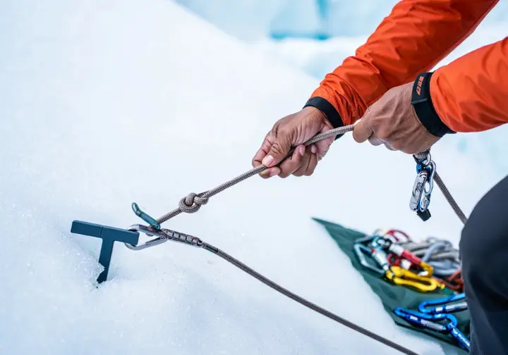 Close-up of alpinist's hands building a snow picket anchor and transferring the load of a crevasse victim onto it using a friction hitch, securing the situation for rescue.