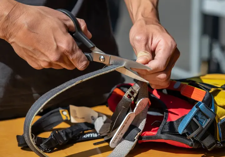 A climber makes the final check by cutting the belay loop of a worn-out climbing harness to retire it, following clear retirement guidelines for all gear.