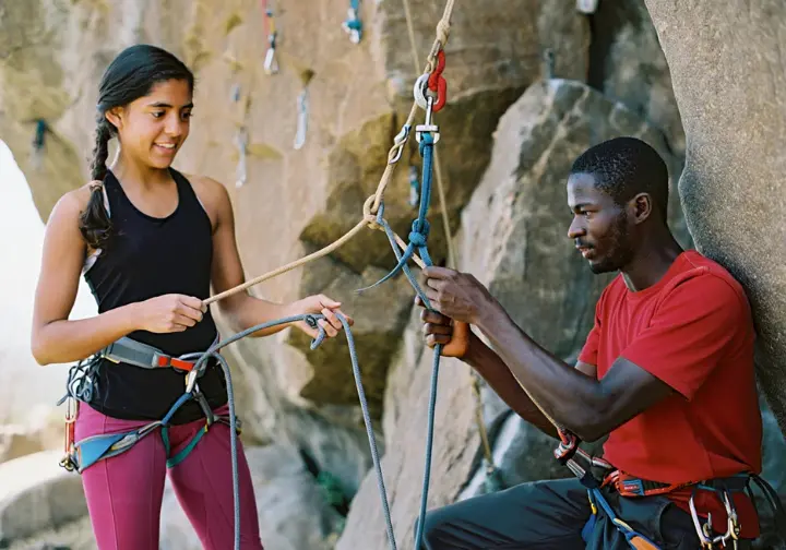 Climbing instructor demonstrating advanced ropework technique to an attentive student in an outdoor clinic, symbolizing continuous learning and the path to mastery in sport climbing.