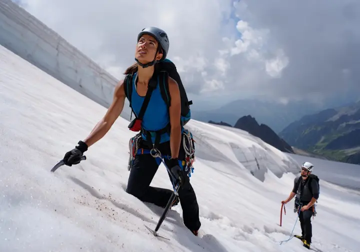 Alpine climber carefully assessing a potentially hazardous snow slope for avalanche risk, with a cornice visible above, demonstrating hazard management and safety protocols as an alpine shield