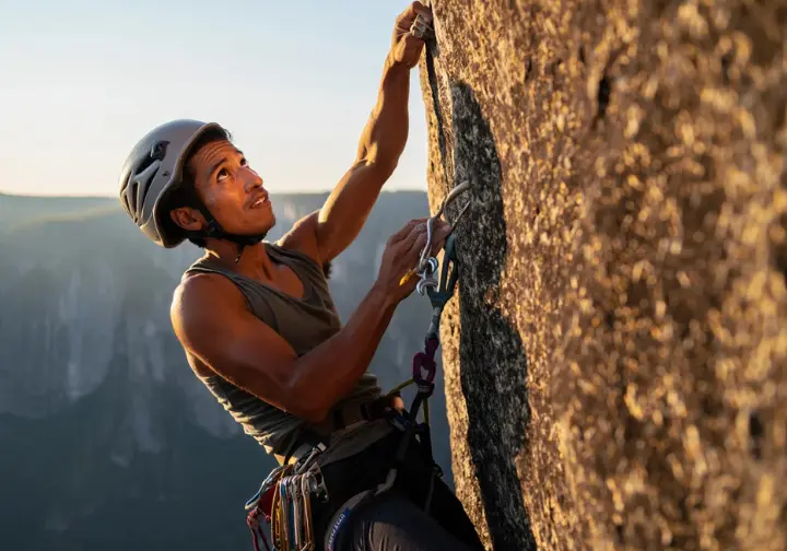 Focused trad climber on lead efficiently selecting gear from his rack while strategically assessing the route above, embodying a holistic approach to mastering placements.