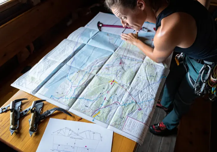 Climber studying a complex alpine route map next to a simple Swiss Cheese Model diagram, illustrating the limitations and nuances of the model in climbing.
