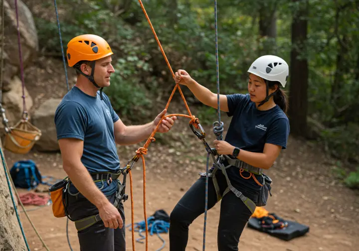 Climbing instructor guiding a student through self-rescue practice in a safe, controlled outdoor environment, highlighting the path to competence.