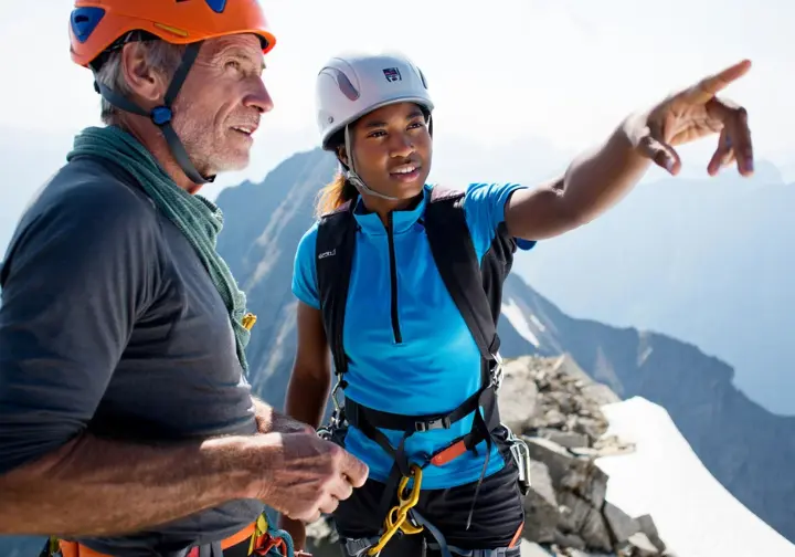 Experienced alpinist mentoring a younger climber on a mixed alpine ridge, discussing route choices and refining judgment, illustrating the path to building alpine climbing experience.