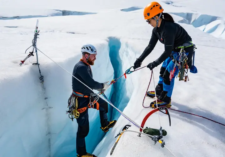 Two alpinists setting up a Z-pulley mechanical advantage hauling system with ropes, pulleys, and prusiks anchored to ice screws for crevasse rescue and victim extrication.