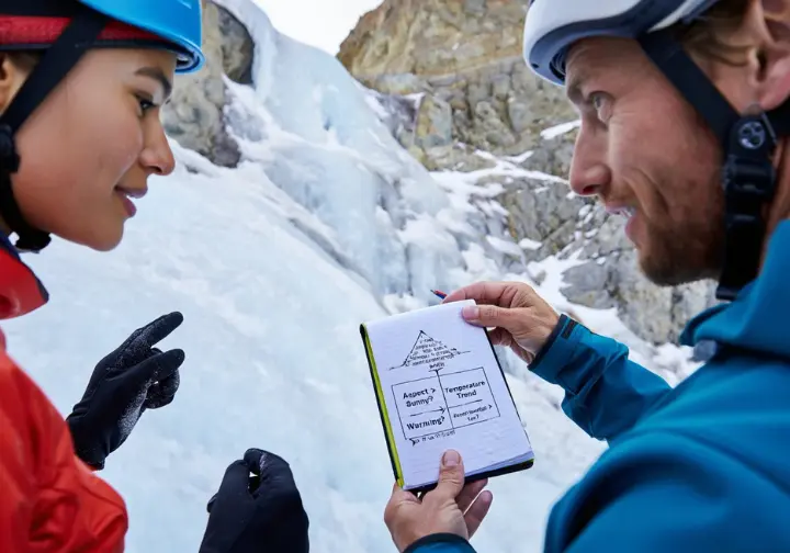 Two diverse ice climbers at the base of a complex ice route, discussing ascent strategy using a notebook/tablet with a decision tree, embodying the Dynamic Ice Model for safe decision making.