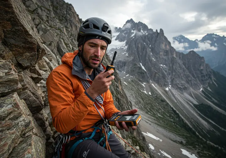 A climber on an exposed mountain ledge uses a satellite messenger to call for professional rescue, illustrating knowing limits in a self-rescue scenario.