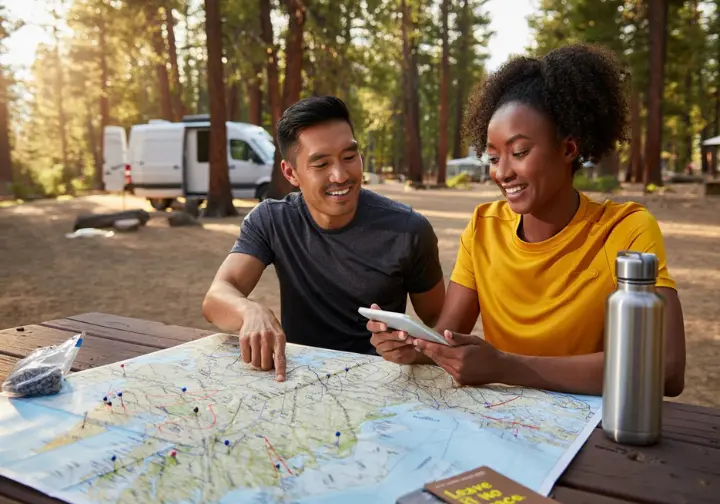 Two diverse climbers planning an epic North American climbing road trip with a map and guidebooks at a campsite, emphasizing responsible climbing practices like Leave No Trace.