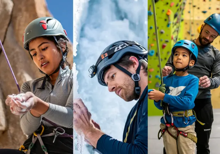Three climbers (sport, alpine/ice, child) each with specialized helmets suited to their different climbing needs and disciplines.
