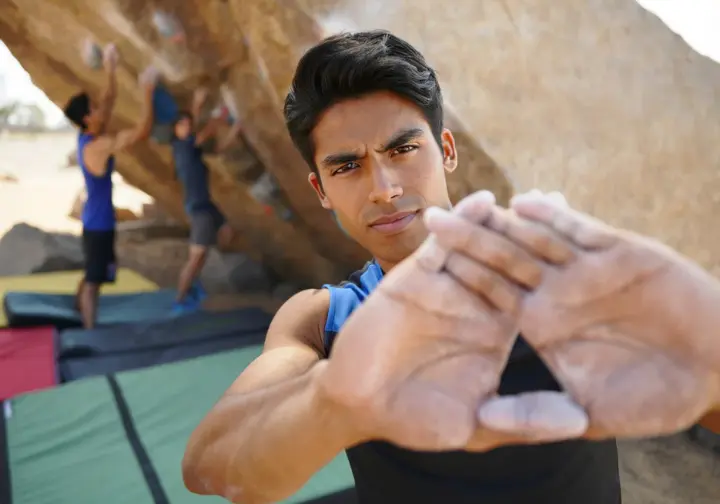 Boulderer performing climbing-specific warm-up exercises for injury prevention, with a safely padded landing zone in the background, illustrating how to prevent common bouldering injuries.