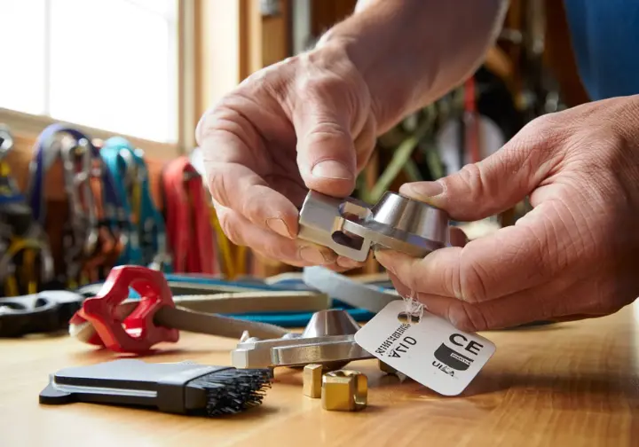 Climber's hands inspecting a cam for wear, with other advanced trad gear (offset cam, micro nut) and maintenance tools nearby, highlighting advanced considerations, gear maintenance, and safety