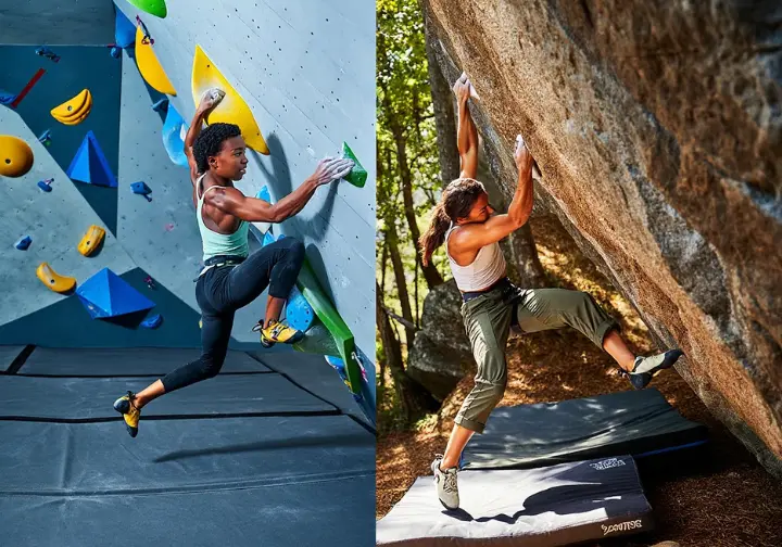 Split image comparing bouldering environments: a climber on an indoor gym wall with colored holds and mats, versus a climber on an outdoor natural rock boulder with a crash pad.