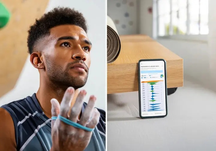 Boulderer performing a finger extensor injury prevention exercise, with a training journal showing progress tracking nearby, illustrating safety, skill adaptation, and progress monitoring.