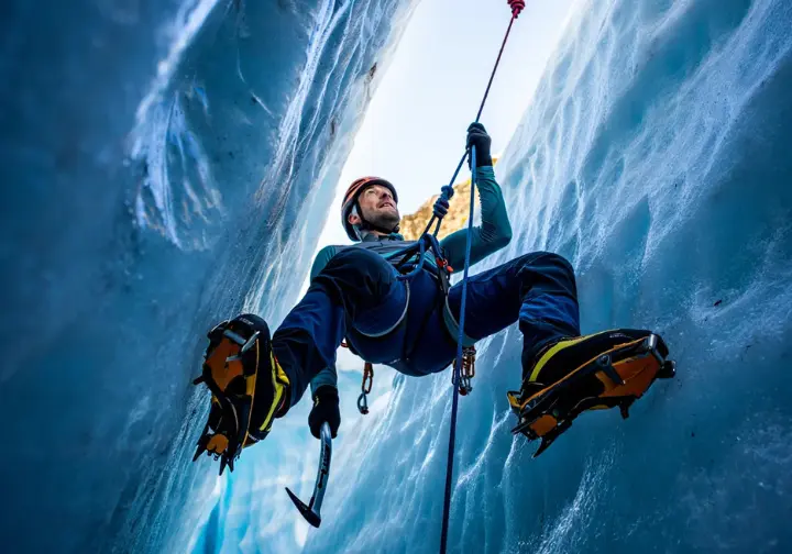 Alpinist performing self-rescue from a crevasse using prusik knots and foot loops to ascend the rope, demonstrating how to get yourself out of a dangerous situation.