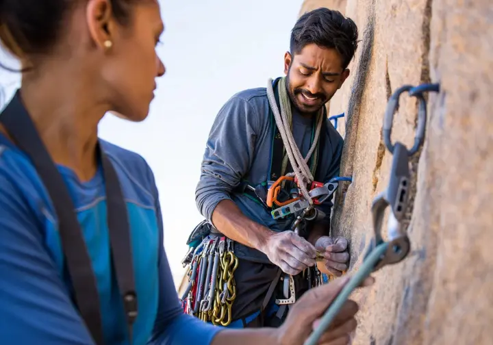 Beginner trad climber fumbling with an overloaded or poorly organized rack on a climb, illustrating common pitfalls to avoid when building a first trad rack, with a mentor observing.