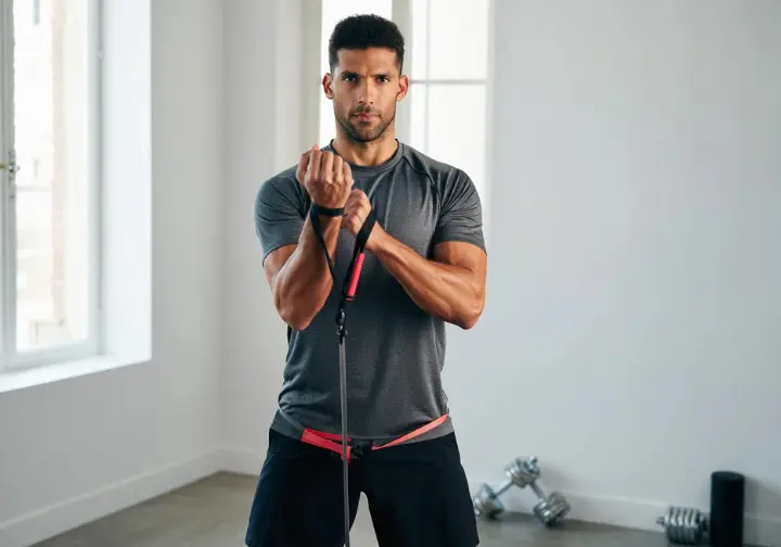 Climber performing antagonist muscle exercises with a resistance band to prevent common overuse injuries, the "slow burn" danger in climbing.