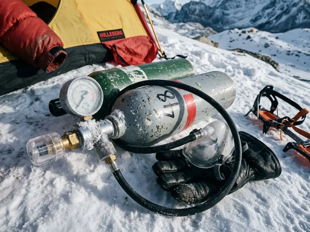 Supplemental oxygen bottles, mask and regulator managed at Camp 4 Everest
