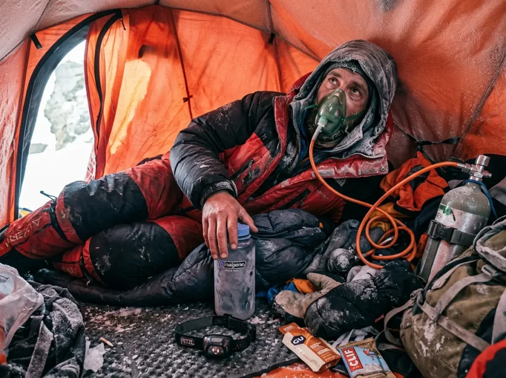 Exhausted climber lying awake on oxygen inside a tent at Camp 4 Everest