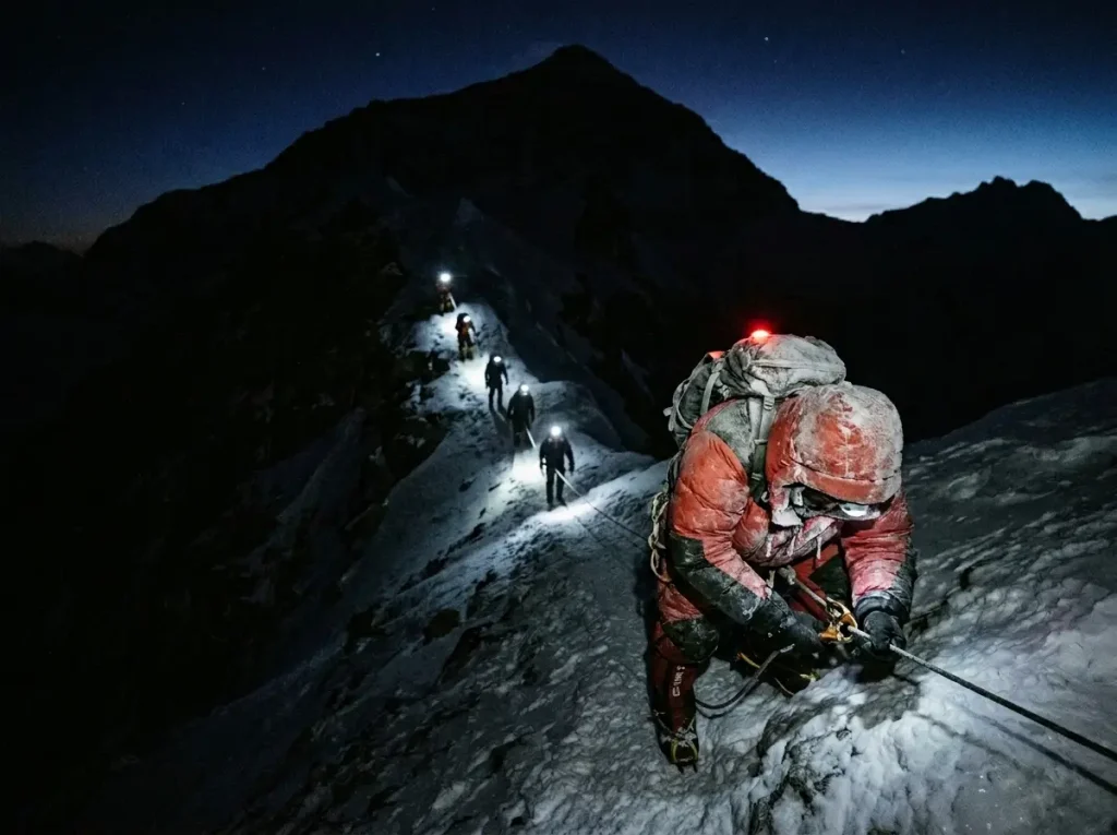 Headlamp train of climbers on the summit push above Camp 4 Mount Everest