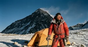 Camp 4 on Everest Isn’t for Resting, It’s for Waiting Climber in a red down suit on Everest's Camp 4 on the South Col at dusk