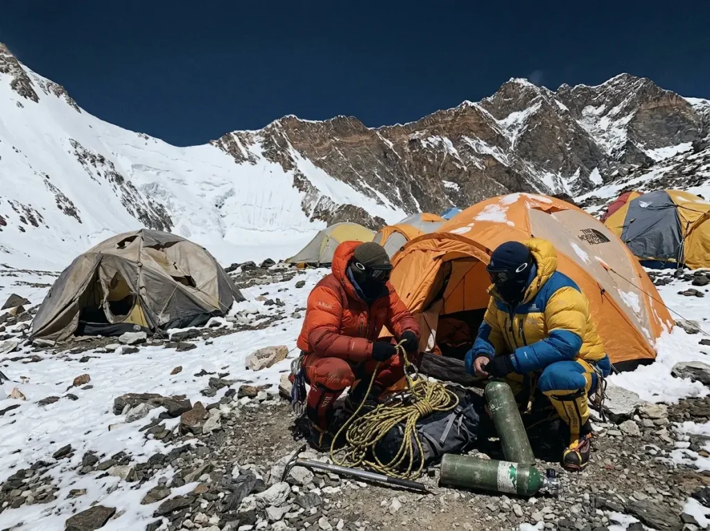 Tents pitched at Camp 4 Mount Everest on the South Col in harsh daylight