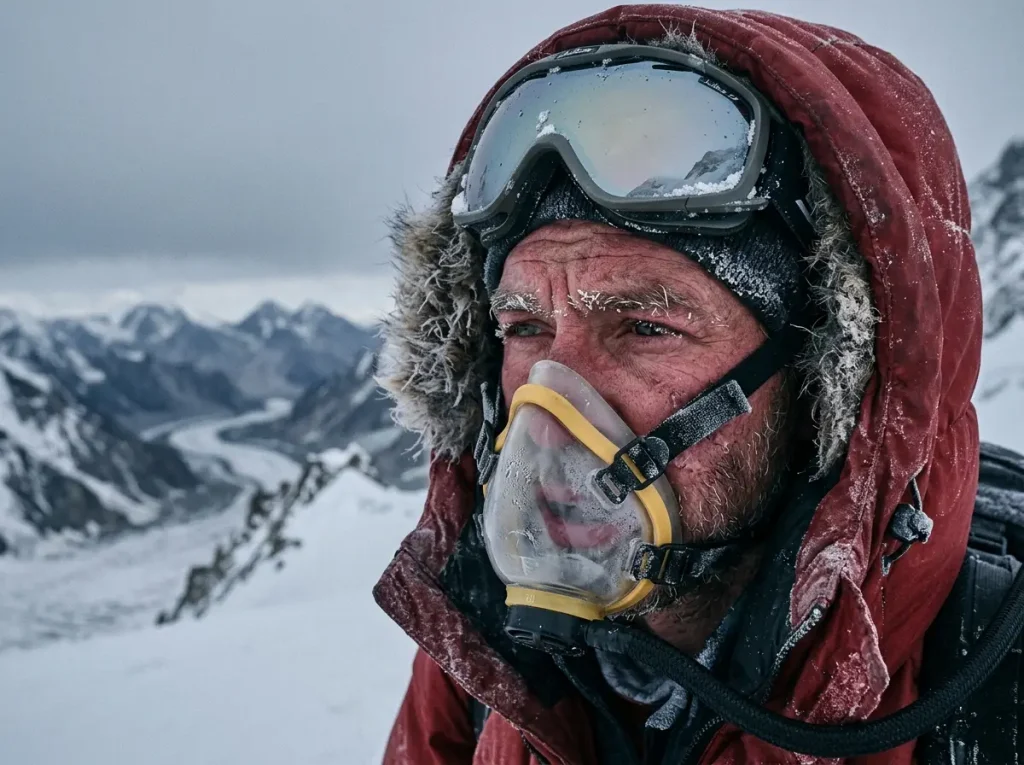 Climber breathing supplemental oxygen through a mask near the Death Zone