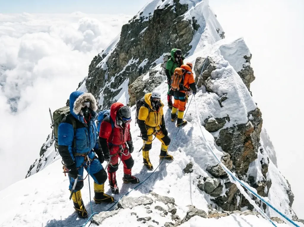 Climbers queued on a fixed rope above Camp 4, the Everest traffic jam