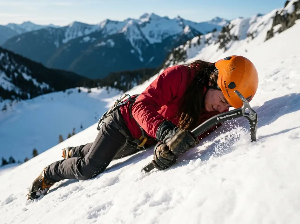 Close-up alpine climber practicing self-arrest position with Black Diamond ice axe on training slope