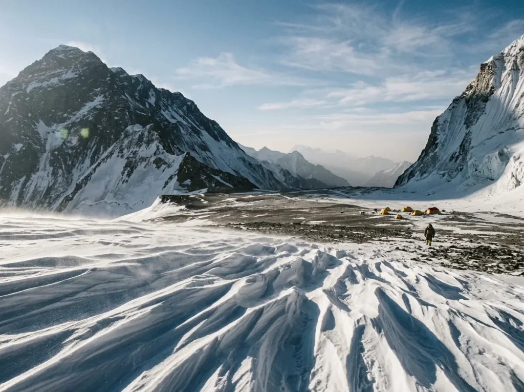 The South Col saddle between Everest and Lhotse, site of Camp 4