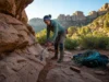 Beyond LNT: Mastering the Art of Climbing Stewardship A female climber carefully repairs an eroded trail section at a crag, mastering the art of climbing stewardship beyond Leave No Trace ethics.