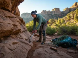 A female climber carefully repairs an eroded trail section at a crag, mastering the art of climbing stewardship beyond Leave No Trace ethics.