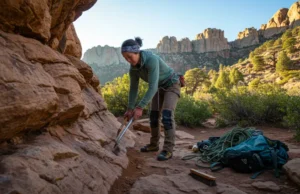 Beyond LNT: Mastering the Art of Climbing Stewardship A female climber carefully repairs an eroded trail section at a crag, mastering the art of climbing stewardship beyond Leave No Trace ethics.