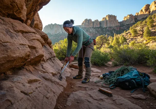 A female climber carefully repairs an eroded trail section at a crag, mastering the art of climbing stewardship beyond Leave No Trace ethics.