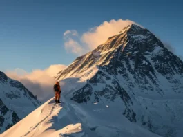 A climber gazes at the sun-drenched peak of Mount Everest from a ridge, representing the start of a trip to climb the mountain and a definitive guide to cost and training.