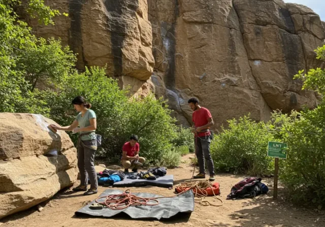 Diverse climbers practicing Leave No Trace ethics at a pristine crag, including brushing holds and using a rope tarp, for a guide to LNT.