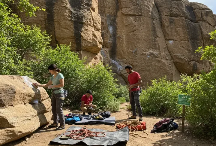 Diverse climbers practicing Leave No Trace ethics at a pristine crag, including brushing holds and using a rope tarp, for a guide to LNT.