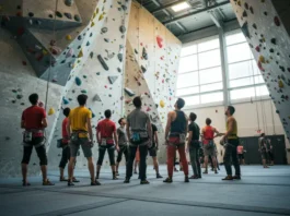 A group of diverse climbers in an indoor gym, looking at a climbing wall, representing the rock climbing Fort Myers guide.