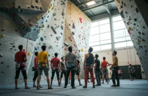 The Climber’s Guide to Rock Climbing Fort Myers A group of diverse climbers in an indoor gym, looking at a climbing wall, representing the rock climbing Fort Myers guide.