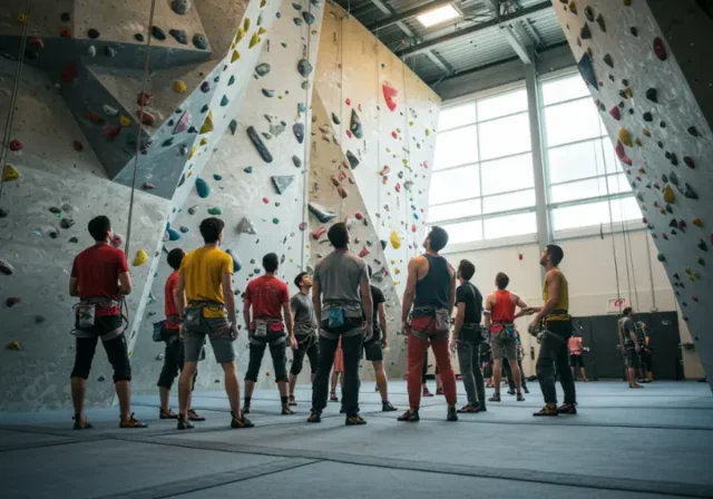 A group of diverse climbers in an indoor gym, looking at a climbing wall, representing the rock climbing Fort Myers guide.