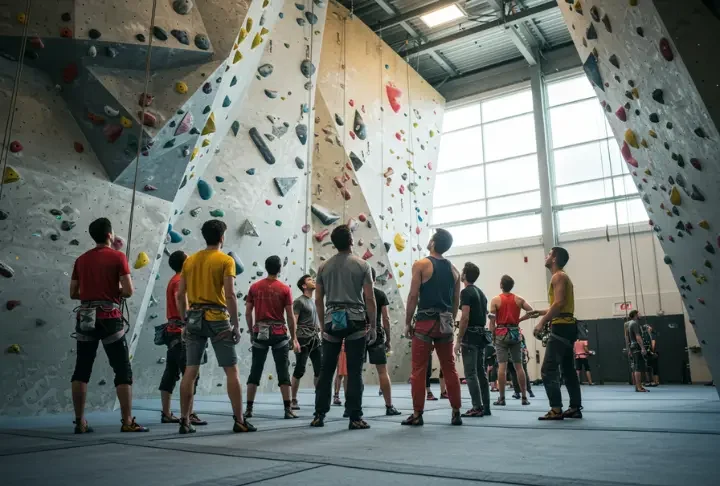 A group of diverse climbers in an indoor gym, looking at a climbing wall, representing the rock climbing Fort Myers guide.