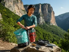 A female climber at a crag attaching a WAG bag to her pack, with a trowel nearby, illustrating a climber's guide to waste management options.