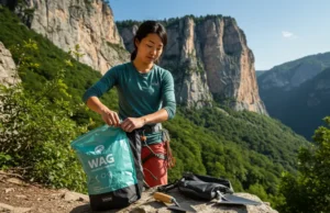 WAG Bags, Catholes & More: A Climber’s Waste Guide A female climber at a crag attaching a WAG bag to her pack, with a trowel nearby, illustrating a climber's guide to waste management options.