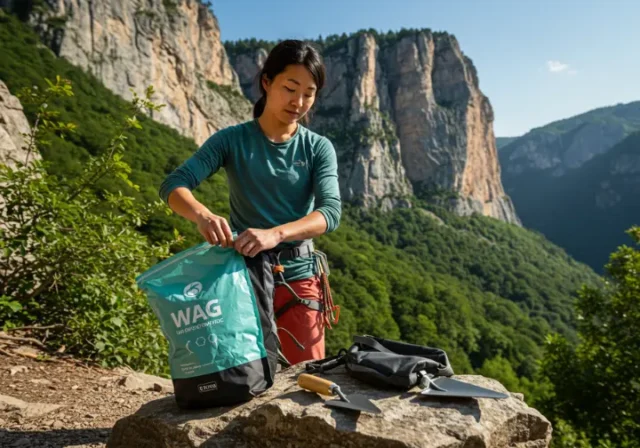 A female climber at a crag attaching a WAG bag to her pack, with a trowel nearby, illustrating a climber's guide to waste management options.