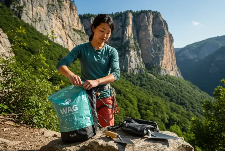 A female climber at a crag attaching a WAG bag to her pack, with a trowel nearby, illustrating a climber's guide to waste management options.