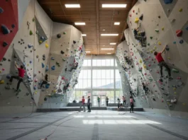 A photorealistic image of a vibrant climbing gym in Boulder, CO, showing climbers on bouldering walls and ropes, representing the definitive review of local climbing facilities.
