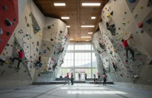 Climbing Gym Boulder CO: The Definitive Review A photorealistic image of a vibrant climbing gym in Boulder, CO, showing climbers on bouldering walls and ropes, representing the definitive review of local climbing facilities.