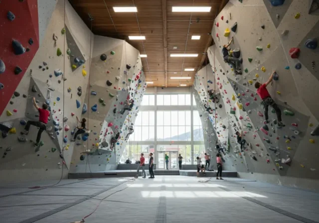 A photorealistic image of a vibrant climbing gym in Boulder, CO, showing climbers on bouldering walls and ropes, representing the definitive review of local climbing facilities.