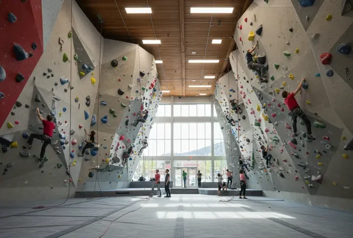 A photorealistic image of a vibrant climbing gym in Boulder, CO, showing climbers on bouldering walls and ropes, representing the definitive review of local climbing facilities.
