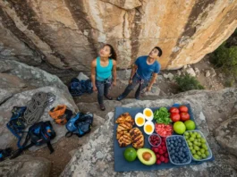 A male and female climber prepare at a sunny rock face, with a high protein low carb food selection laid out for energy.