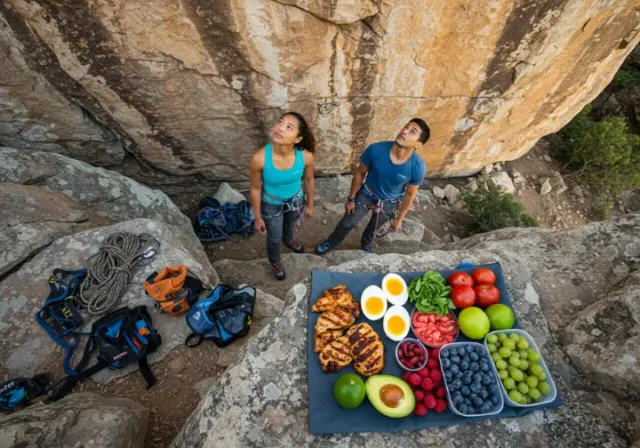 A male and female climber prepare at a sunny rock face, with a high protein low carb food selection laid out for energy.